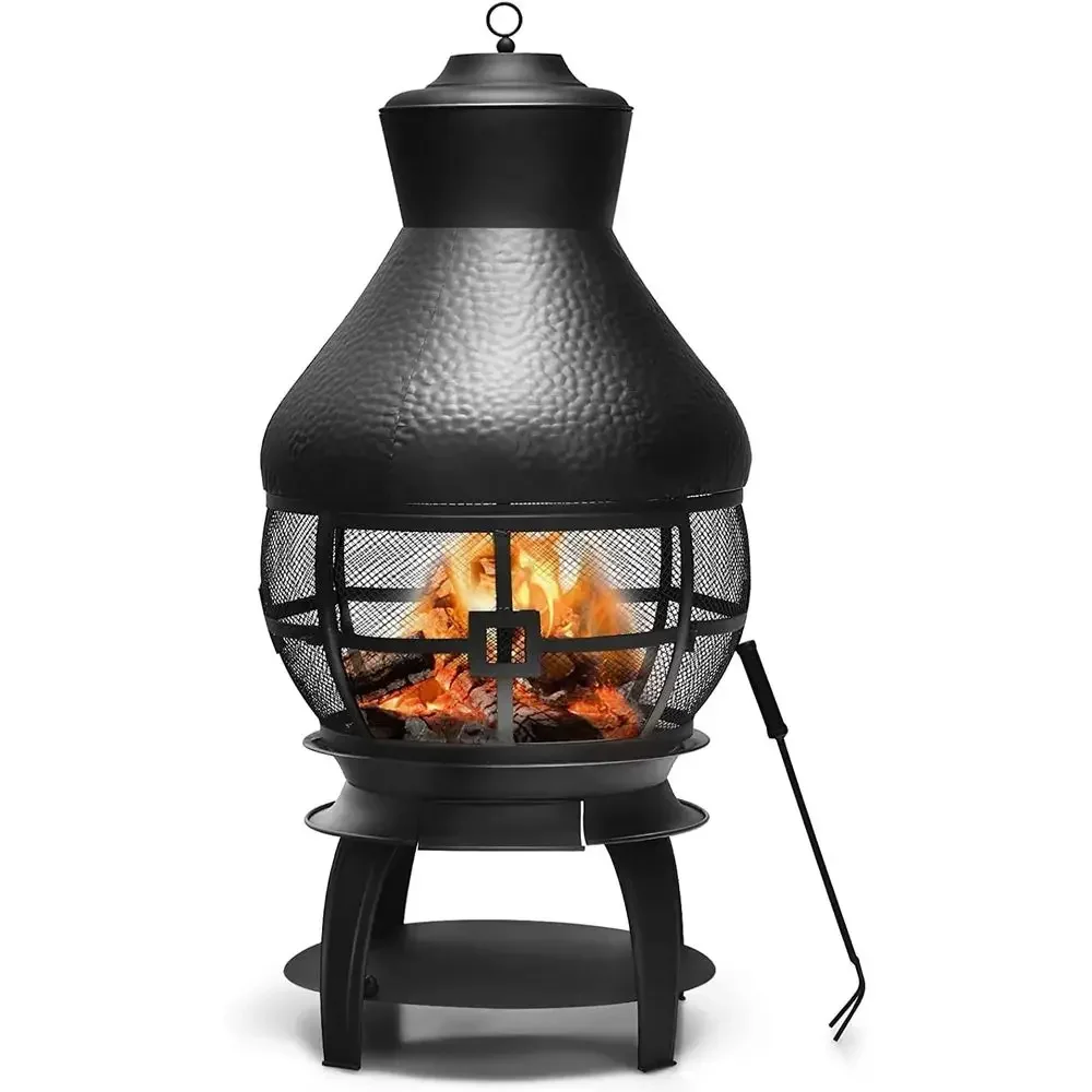 Outdoor Cast Iron Wood Burning Fire Pit with Wire Poker and 360° Mesh Cover