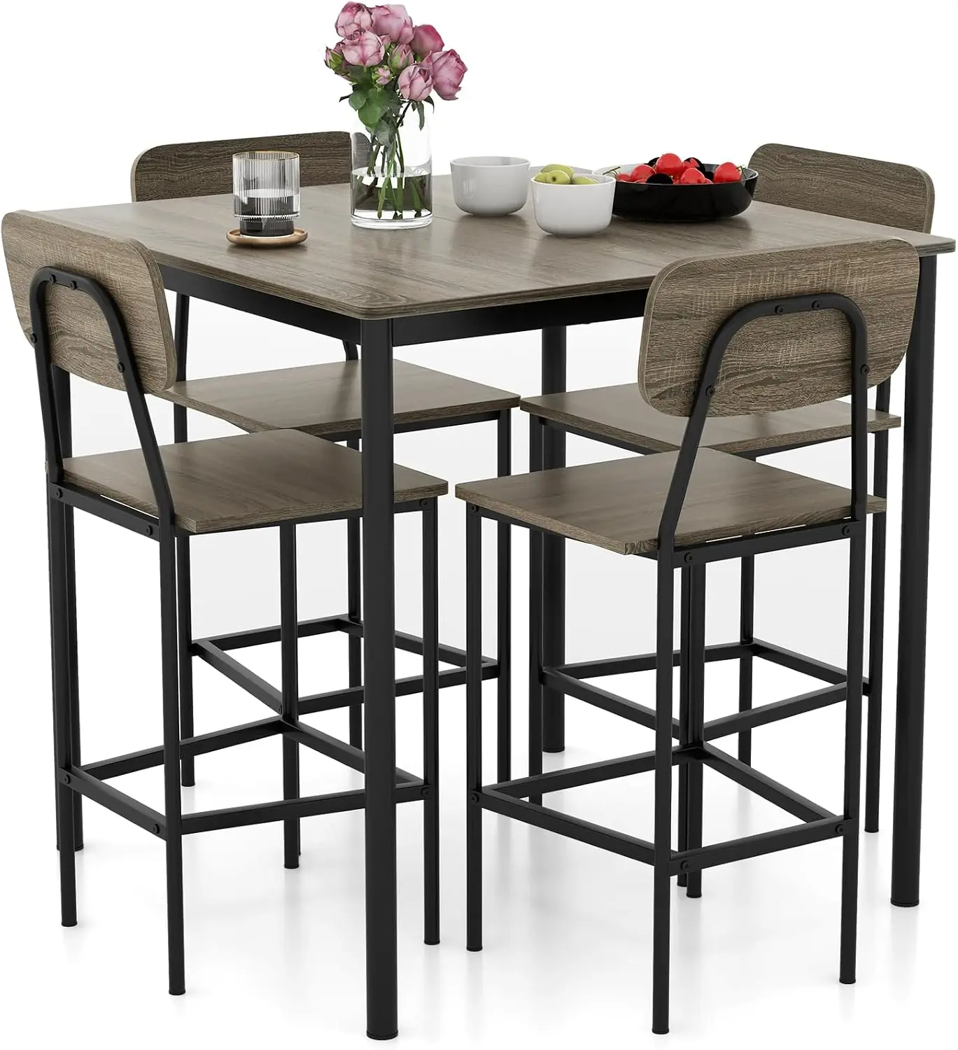 Counter Height Dining Table Set With Four Stools For Kitchen Dining Room Pub Restaurant, Space Saving Breakfast Nook Furniture With Backrests And Footrests, Modern Industrial Style, Black Oak, Five Piece Set