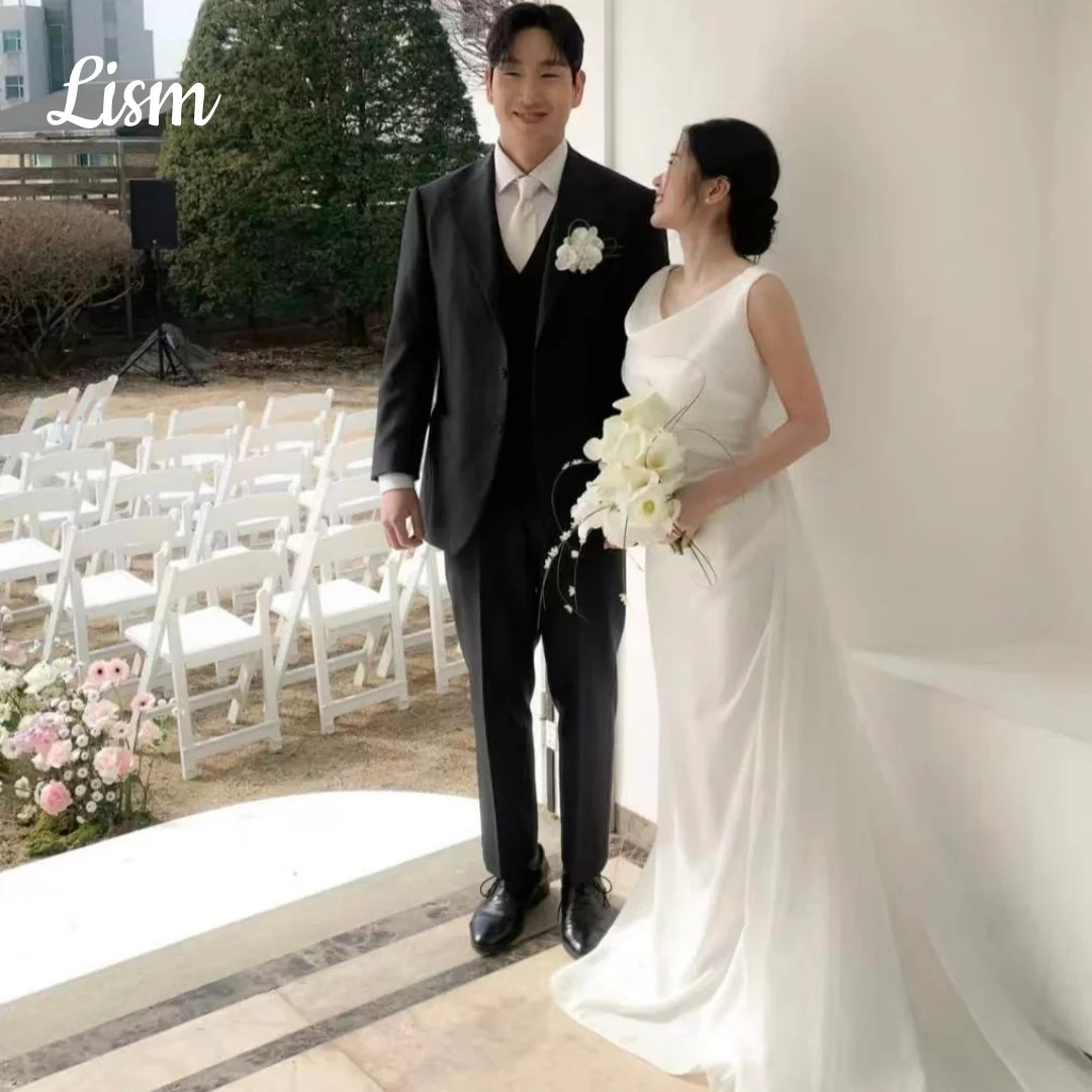 Lism Customized Elegant Wedding Dress Boat Neck Draped Sweep Train Ivory Mermaid Korea Photo shoot Bridal Reception Gown 2026