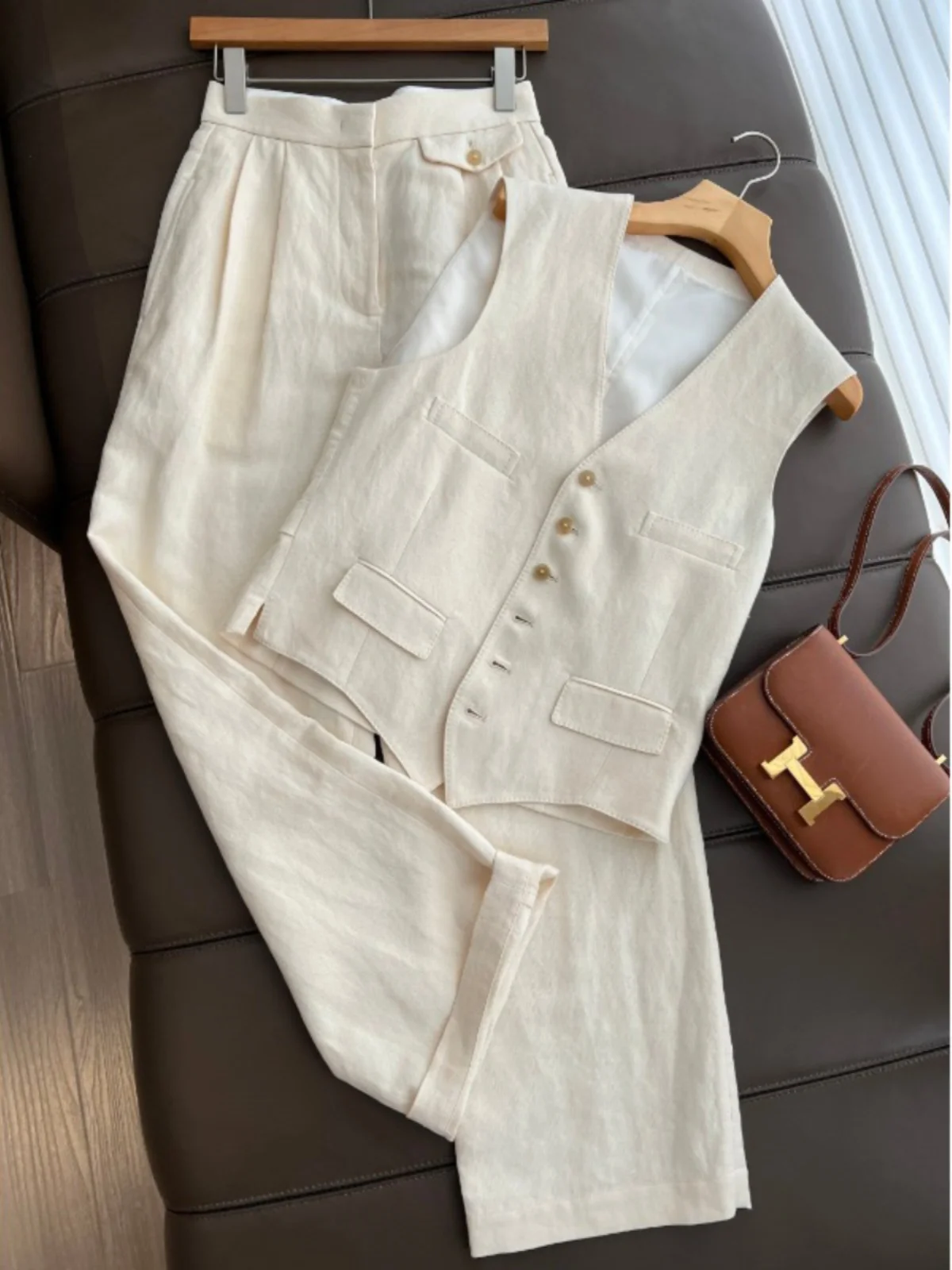 

Sli Cotton Linen Set Women's Vest Wide Leg Pants Trendy Two Piece Suit Summer Faion Outfit Casual Chic Ensemble