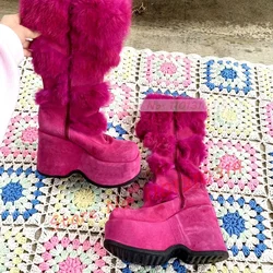 Hot Pink Thick-sole Furry Knee Boots Women Chic Round Toe Sweet Girly Lolita Shoes Winter Ladies Red Fur Party Big Size Boots