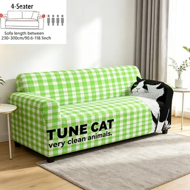 Green White Check Cat Print Sofa Cover, Vintage Ethnic Large Floral Slipcover, Fresh Check Machine Washable Dustproof Protector.