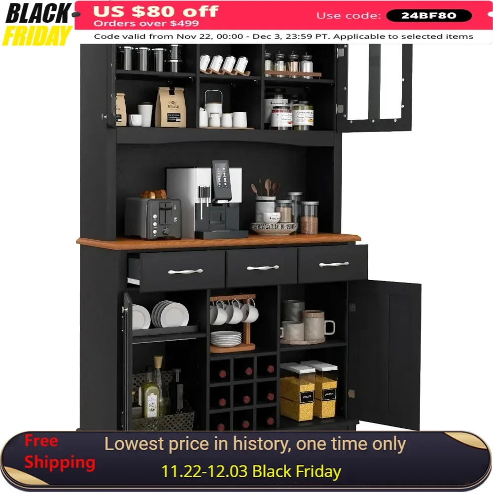 72.5” Pantry Storage Cabinet Adjustable Shelves Kitchen Storage with Drawers Pantry Furniture Microwave Countertop