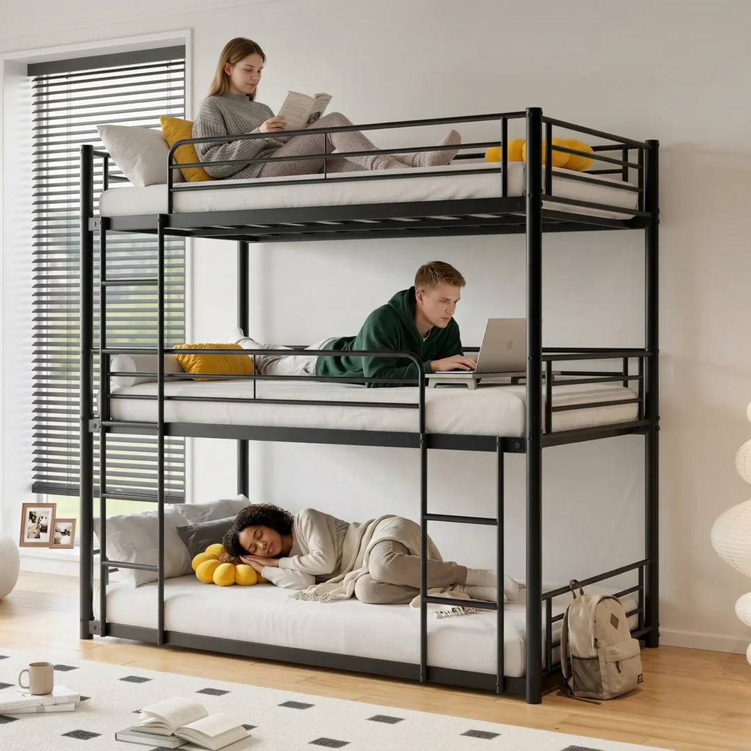 #Modern Triple Bunk Bed Double Size Metal Frame Modular Kids Space-Saving Bedroom Furniture Living Room School Apartment Factory