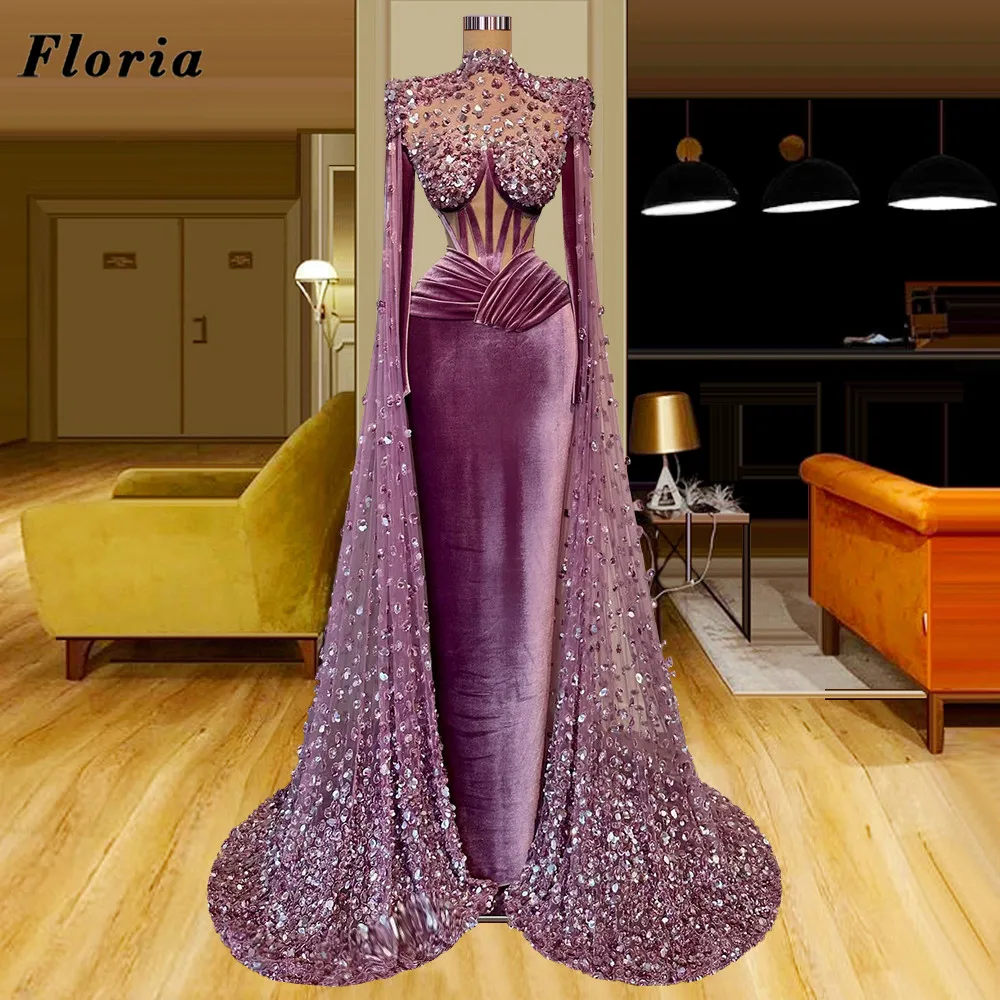 

Floria Middle East Floor Length Sleeves Evening Dresses Vestidos Couture Beaded Mermaid Party Pageant Gowns For Women Prom Dress