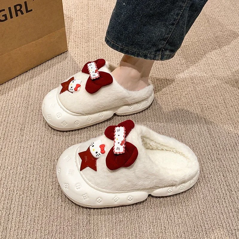 

Cartoon red bow slippers for women in winter wearing stars cute Hello Kitty furry anti slip waterproof indoor cotton slippers