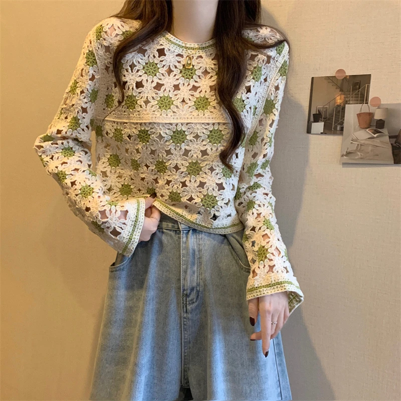 

Корейский вязаный свитер с цветными блоками и вырезами, весна 2026, новинка, элегантный дизайн, французский стиль, топ с длинными рукавами