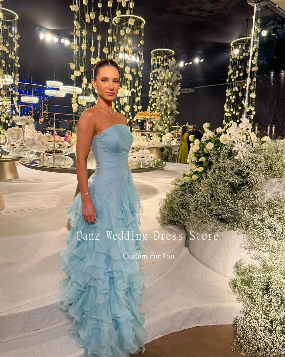 Qanz Graceful Organza Evening Dresses Strapless Ruffles Blue Vestido Formales Simples y Elegante Wedding Party Dress Customized