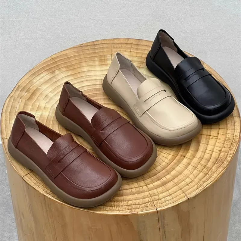 

GKTINOO Spring 2025 Wide Toe Loafers Shoes Women Genuine Leather Shoes Cowhide Original Flat Soft Sole Casual Shoes