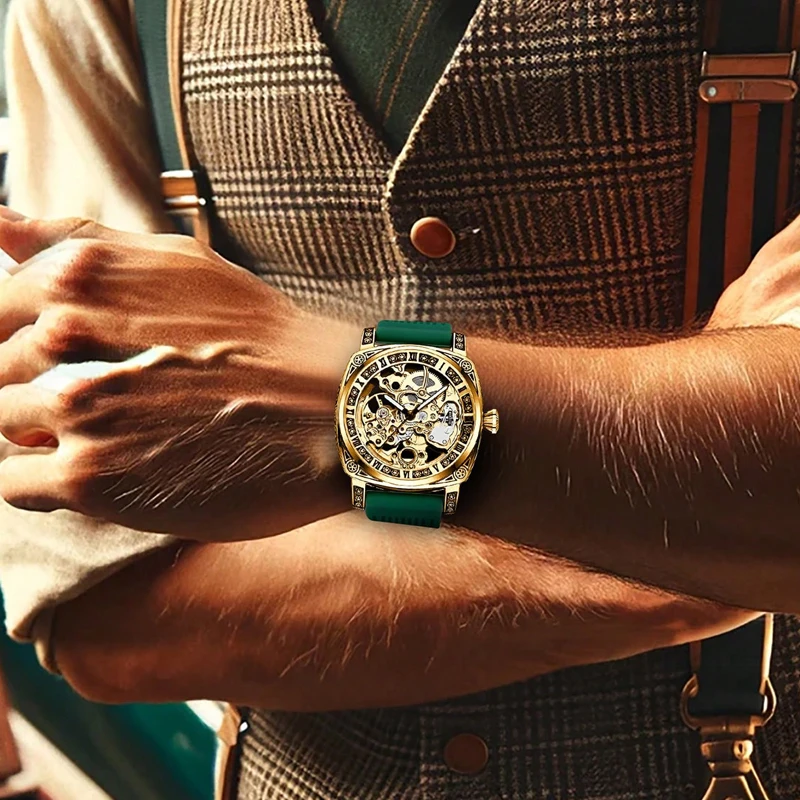 ساعة ميكانيكية راقية منحوتة بالذهب مجوفة عصرية ومضيئة للأعمال والترفيه أوتوماتيكية بالكامل