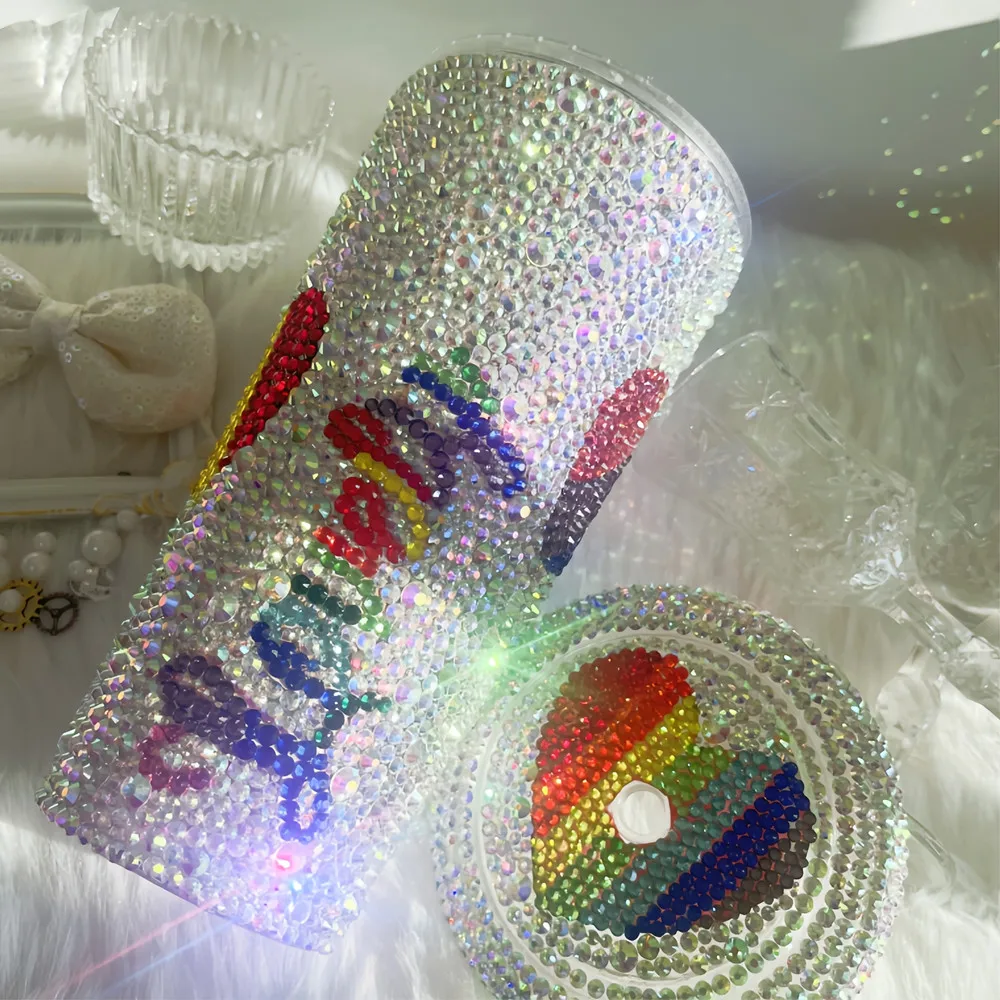 

22oz Bling AB Crystal Heart Shaped Sweet Tumbler,Sparkle Rhinestone Rainbow Heart Shape Decorate Lucky Straw Cold Cup