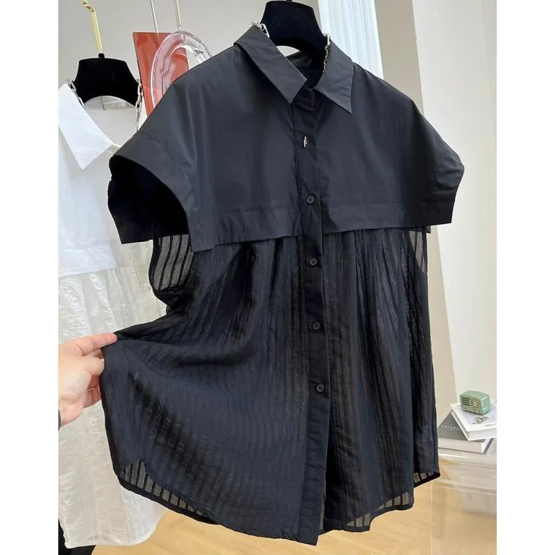 

Fashion Summer New Short Sleeve Blouses Solid Color Patchwork Thin Gauze Polo Collar Button Loose Korean Commute Women's Shirts