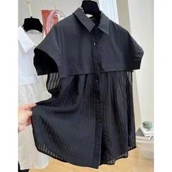 Fashion Summer New Short Sleeve Blouses Solid Color Patchwork Thin Gauze Polo Collar Button Loose Korean Commute Women's Shirts