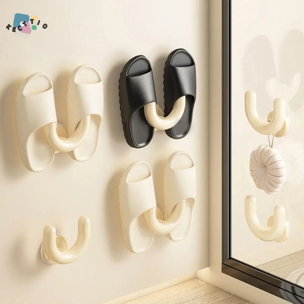 

2Pcs Plastic Suction Cup Slipper Storage Rack Punch Free Wall Mounted Shoe Wall Hook Space Saving U Slipper Rack Living Room