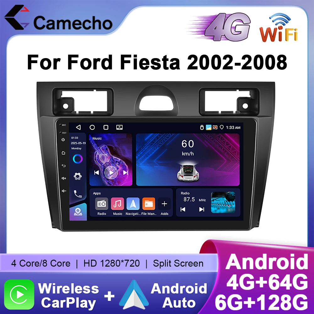 Camecho 6 + 128G Wireless CarPlay Android Auto Autoradio per Ford Fiesta 2002-2008 GPS Stereo 4G WIFI Multimedia Autoradio Player