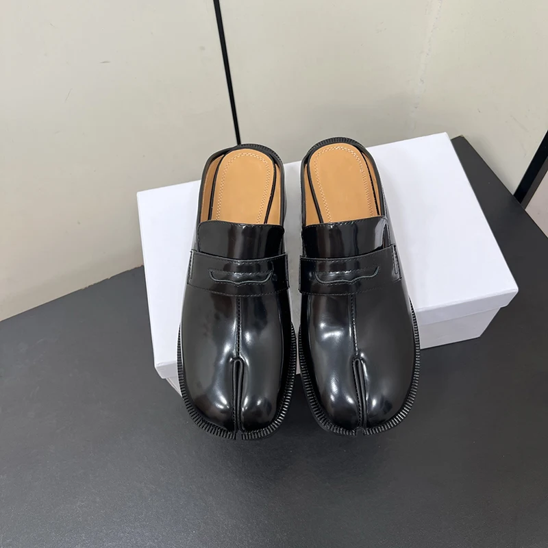 

Ladies Summer Genuine Leather Tibi Toe Split Slippers Casual Wear Open Toe Half Slippers Chunky Heel Style Lazy Shoes Designer W