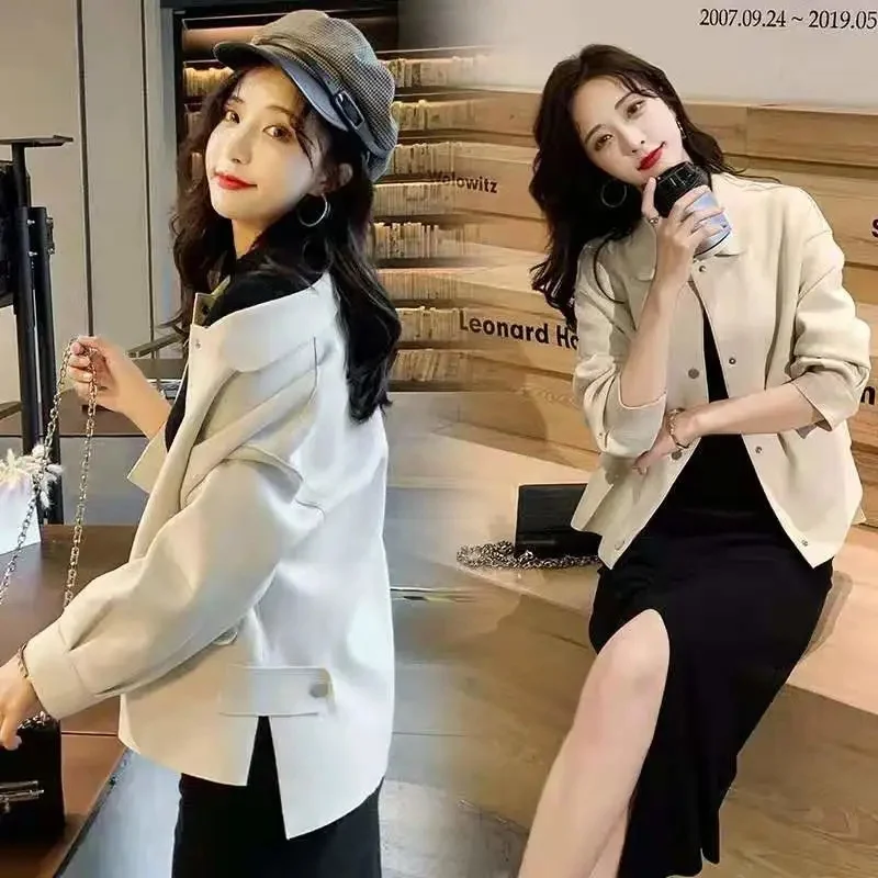 

Весенне-осенняя женская модная замшевая верхняя одежда, европейские женские повседневные топы с длинными рукавами, пальто 2025 года, женская новая однотонная короткая куртка