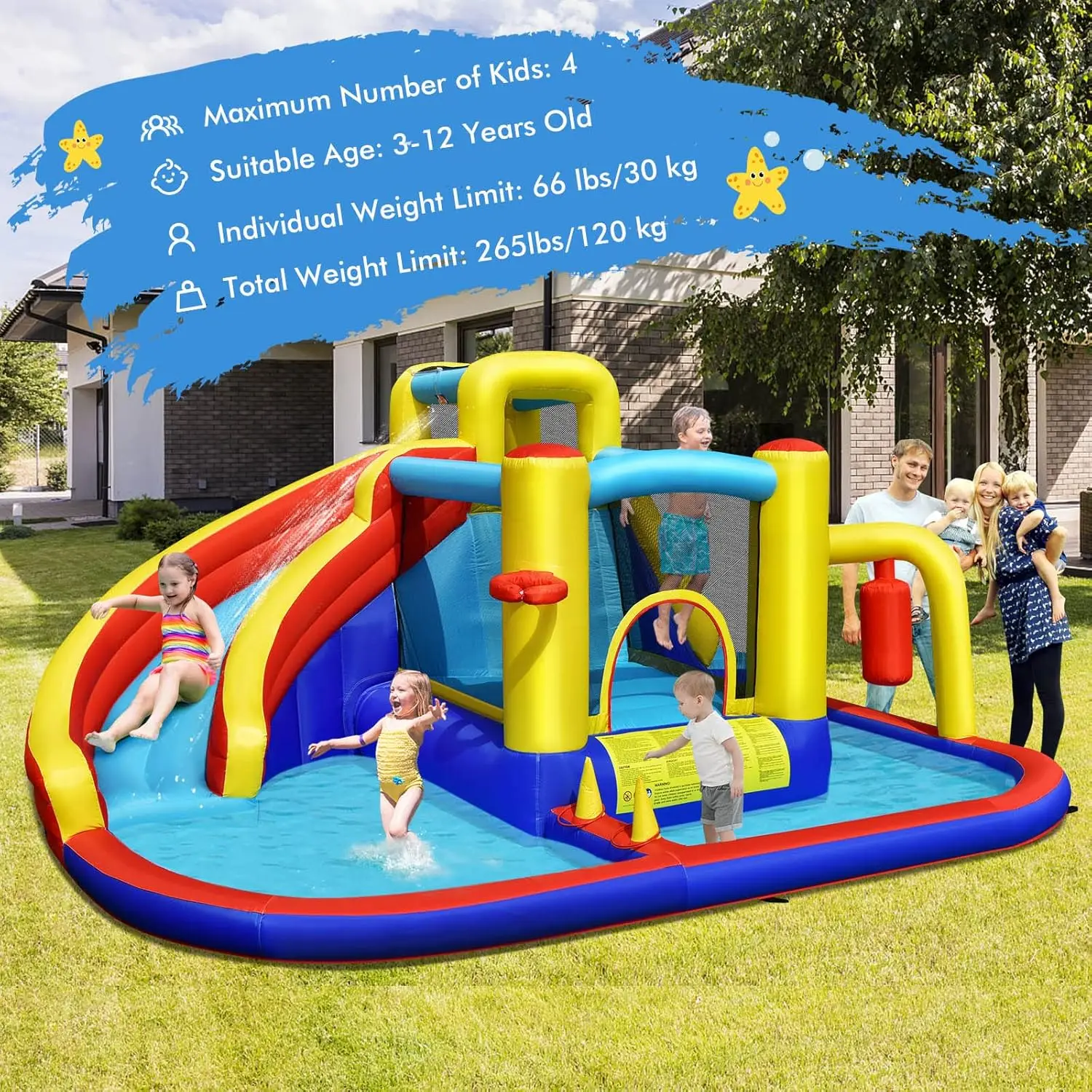 Nadmuchiwana zjeżdżalnia wodna, Mega woda Bounce House ze zjeżdżalnią Combo dla dzieci na podwórku zabawa na świeżym powietrzu w/735w dmuchawę, brodzik, dmuchanie