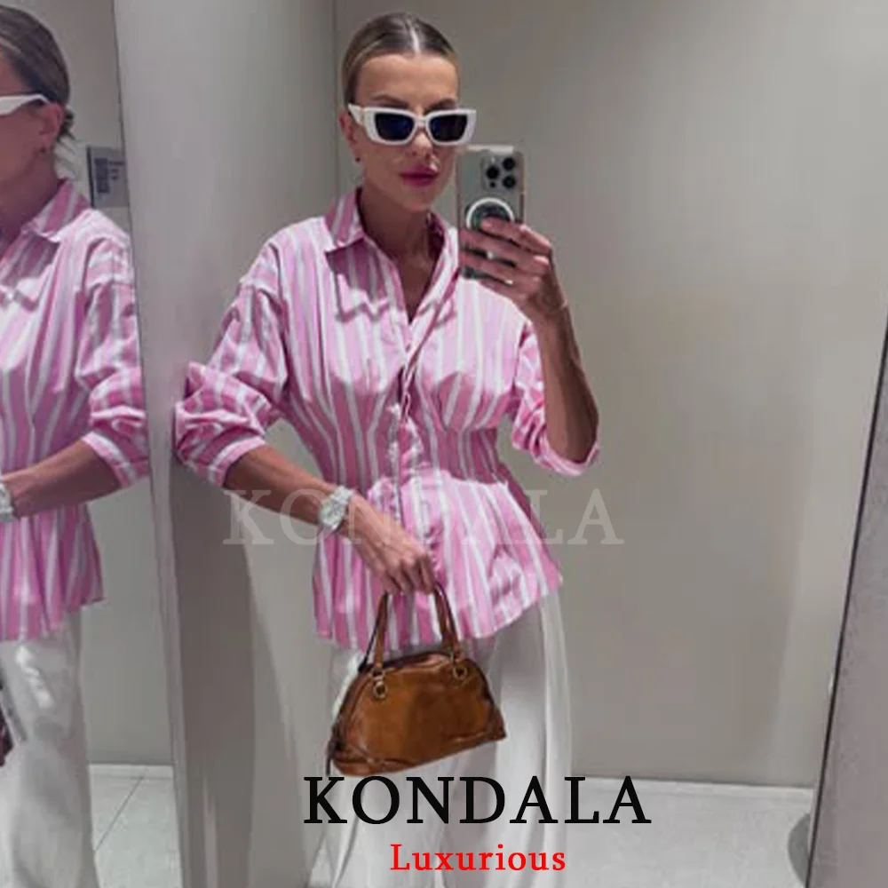 KONDALA Holiday Chic Women Casual Shirts Striped Turn-down Collar Button Shirts Fashion 2026 Autumn Night Out Office Lady Shirts