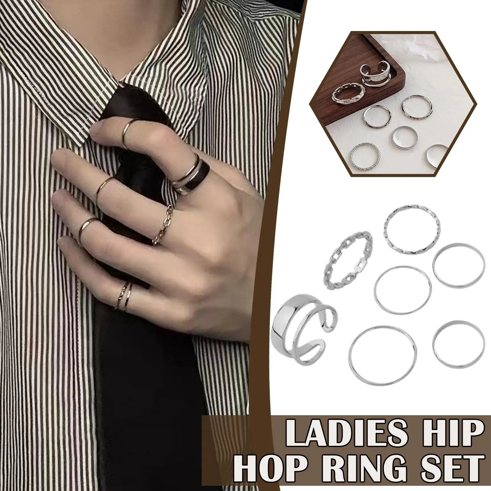 7PCS/SET Korea Fashion Mixed Minimalist Set Geometric Round Metal Gold Silver Color Cuff Open Rings Jewelry For Women