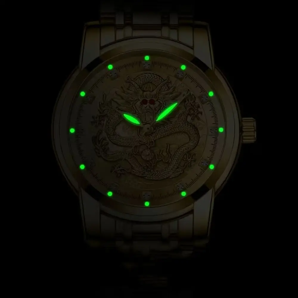 Luxury Stainless Steel Band Men's Watch Gold Color Big Dial Dragon Pattern Clock Luminous Round Quartz Watch Business