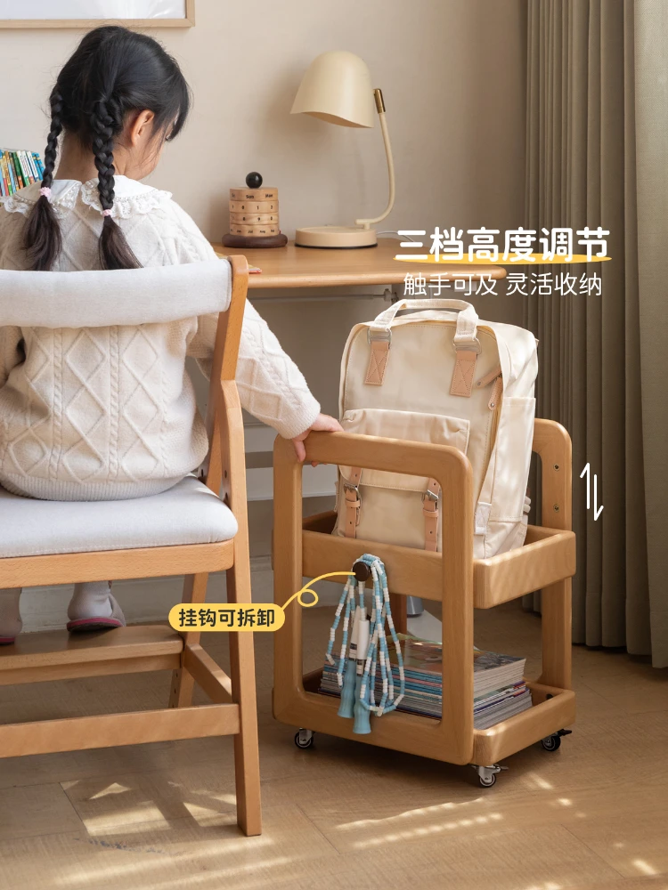 * Rack de mochila escolar infantil de madeira maciça Rack de livro de mesa simples e moderno Carrinho móvel