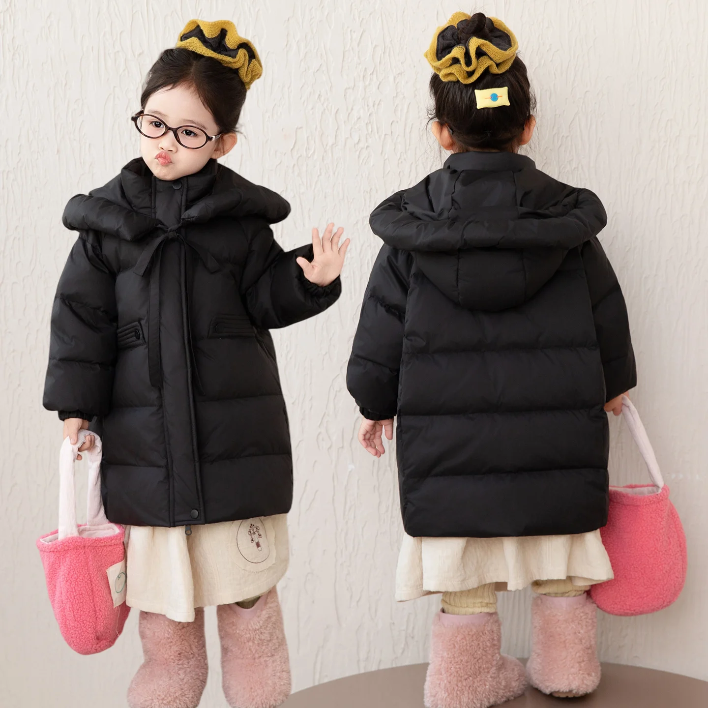 2-11Y الفتيات طويلة الوردي الأسود الأزرق أسفل سترة قطن الشتاء مقنعين الخصر Cinching الحلو بلون لطيف كليب على معطف دافئ القطن