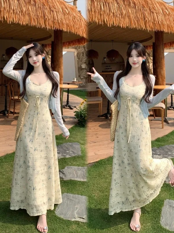 

plus Size Floral Print Summer Dress Set Women's Gentle Style A-Line Long Sleeve Casual Comfortable Breathable Two-Piece Outfit