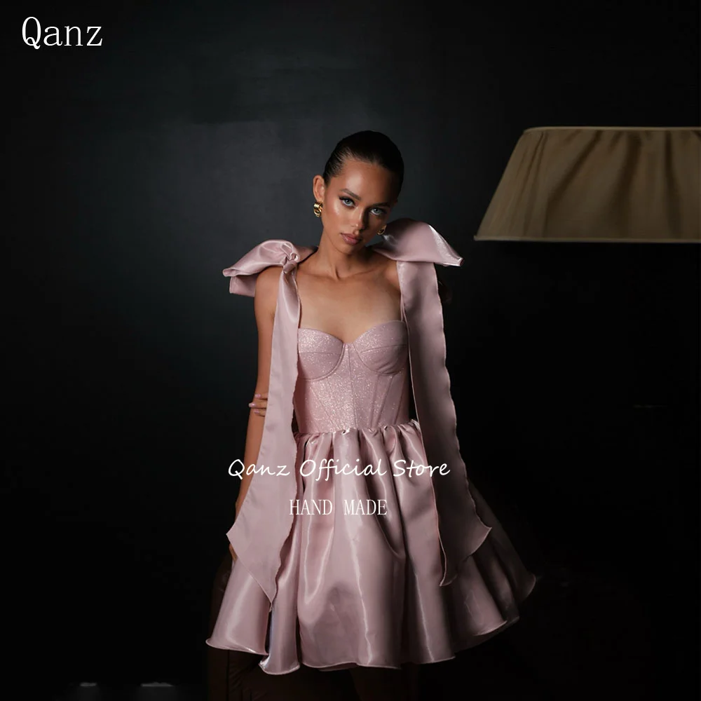 

Qanz Pink Glitter Satin Prom Dresses Bow Straps Mini Birthday Outfits Women Short A Line Puffy Vestidos De Festa Customized