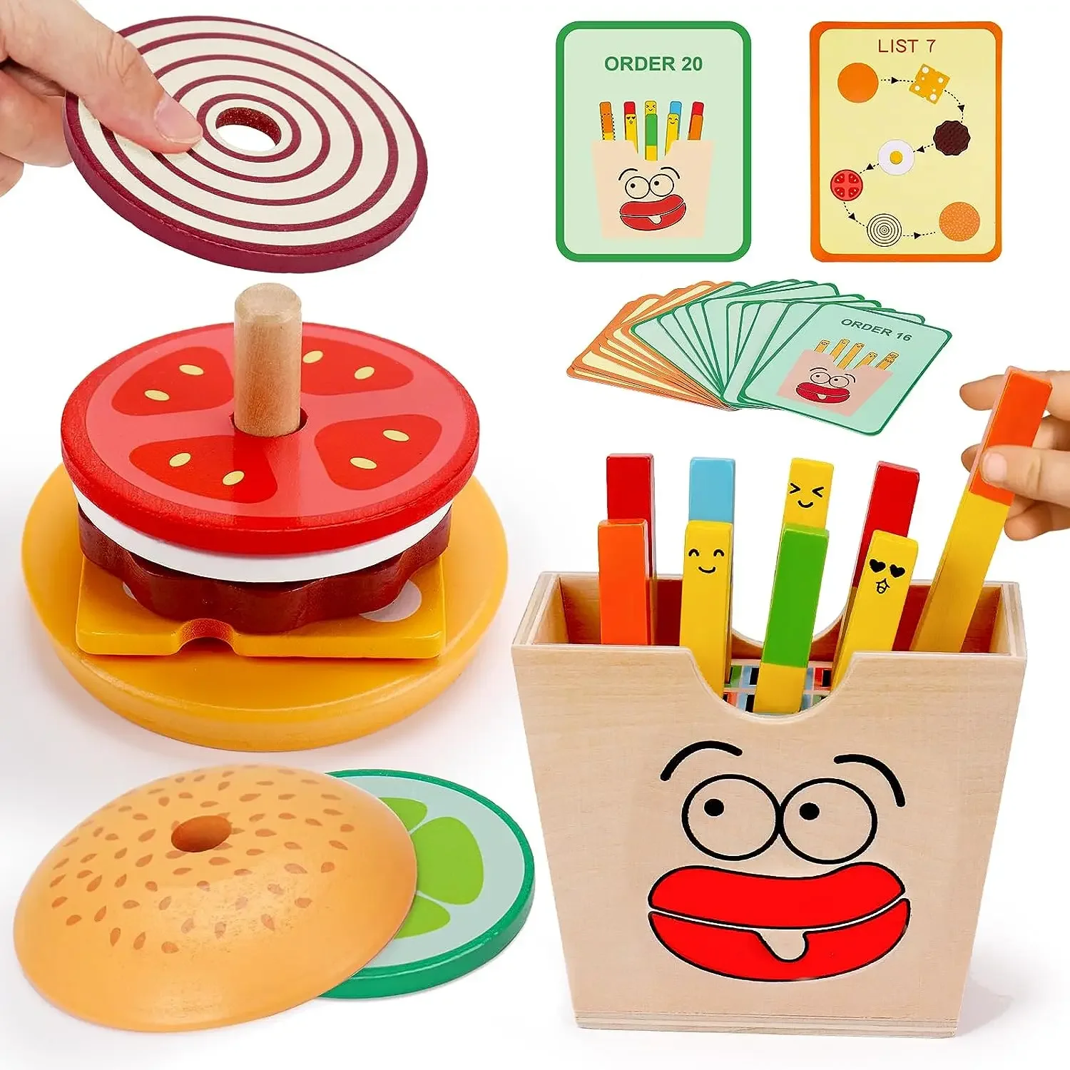 

For Kids Wooden Hamburger Sandwich French Fries Sorting Stacking Toys Preschool Learning Pretend Play Food