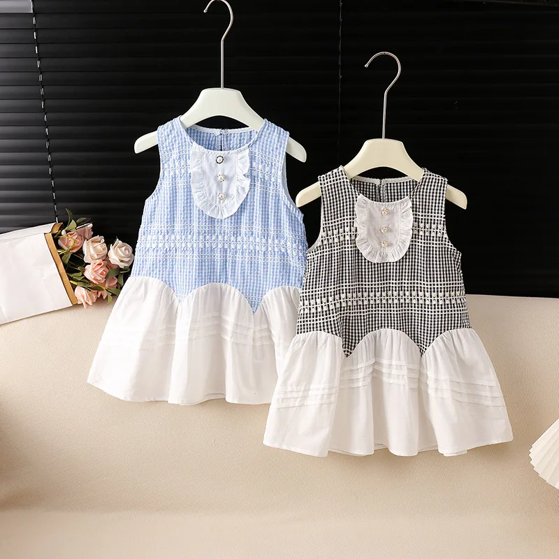 

2026 Summer Kids Dress 1-6T Cute Grid Patchwork Girls Casual Dress Thin Ventilate Sleeveless Children Clothes
