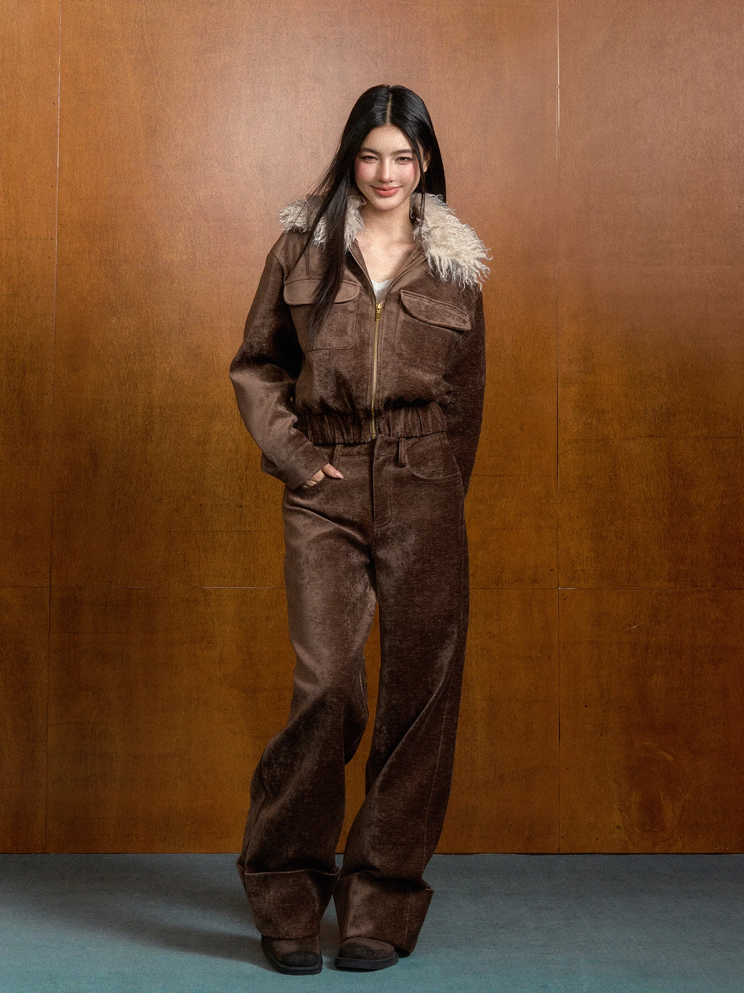 

AGAM American Retro Brown Suede High Waist Loose Straight Leg Pants Women's Flip Foot Design Thiened Casual Trousers