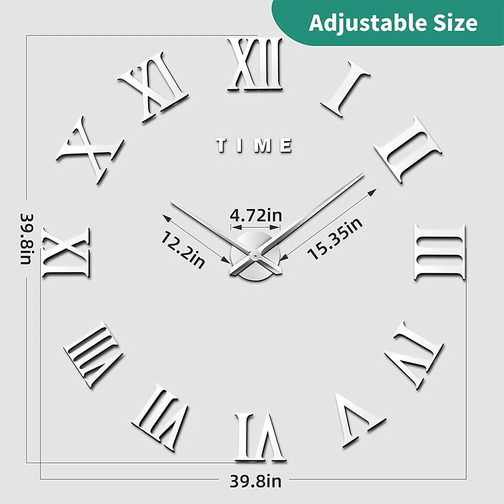 Large 3D DIY Wall Clock Giant Roman Numerals Frameless Mirror Big Wall Clock Decoration for Home Living Room Bedroom Wall