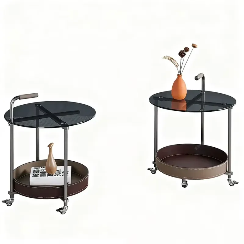 Modern New Tempered Glass Table Top Metal Legs Small Coffee Table | Push Pull With Roller Round Trolley Small Coffee Table