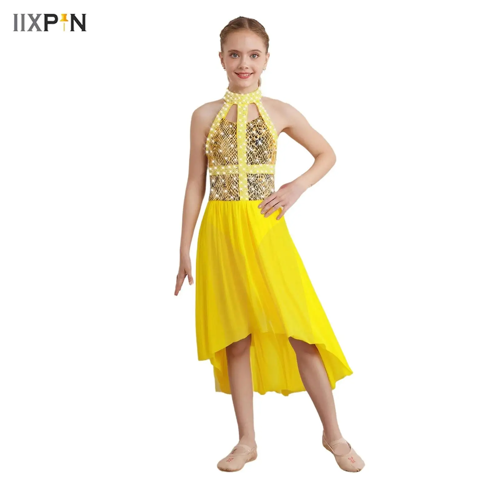 

Kids Girls Contemporary Lyrical Dance Dress Snakeskin Printed Halter Sleeveless Sparkly Rhinestones High-Low Mesh Hem Dress