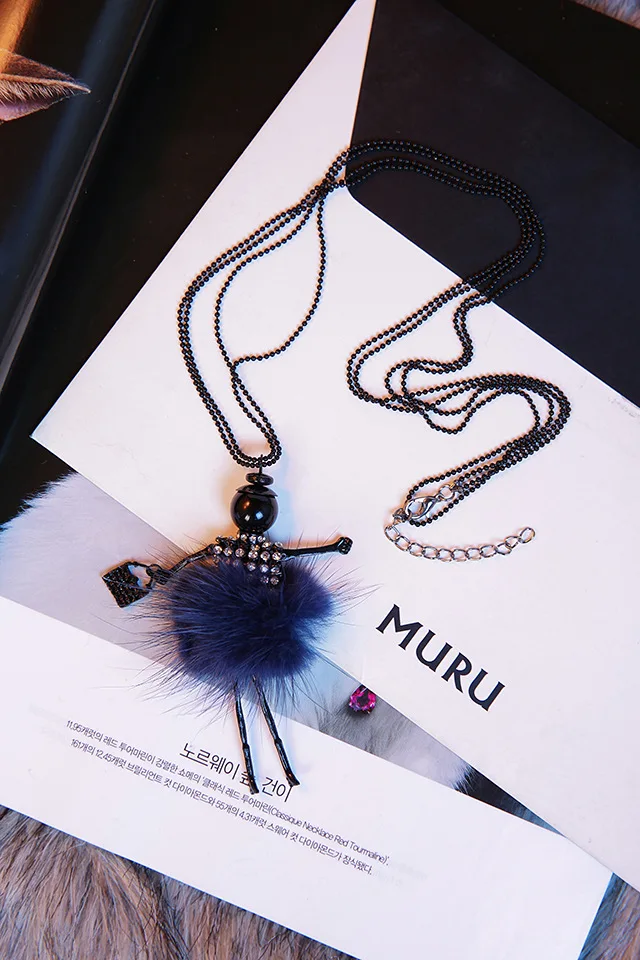 2026 Hot Fashion Doll Girl Dancing Charms Necklace Soft Mink Fur Black Long Beads Chain Womens Birthday Party Jewelry