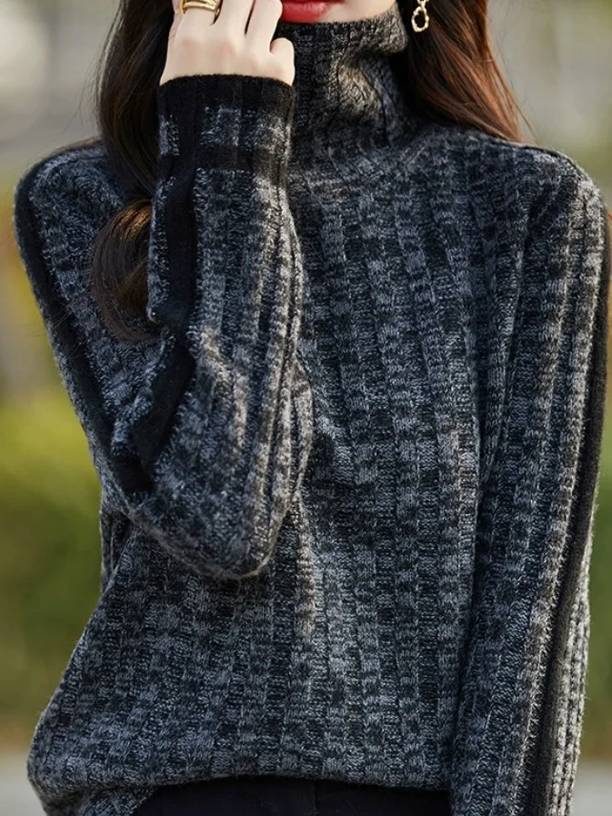 เสื้อสเวตเตอร์ถักคุณภาพสูงสำหรับผู้หญิง ใส่เป็นเสื้อตัวในได้ เหมาะสำหรับฤดูใบไม้ร่วงและฤดูหนาว รุ่นใหม่ล่าสุด ทรงเข้ารูป ผ้าผสมเนื้อนุ่ม แขนยาว คอสูง