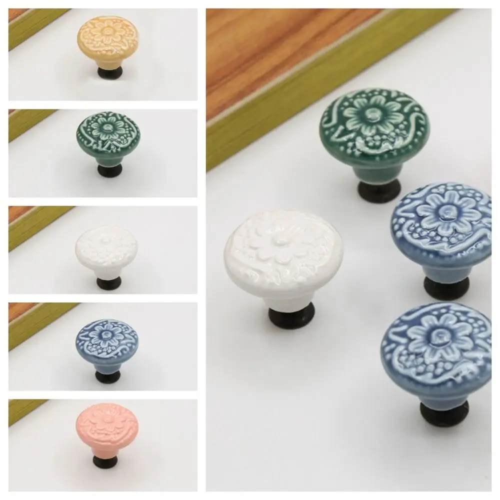 Relief Single Hole Ceramic Knob Pull Handles Round Drawer Knobs Flower Surface Cabinet Knob Furniture