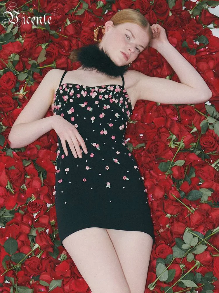 

VC Eye-Catching Fashion Black Sleeveless Strappy Dress with Pink Flowers for Parties