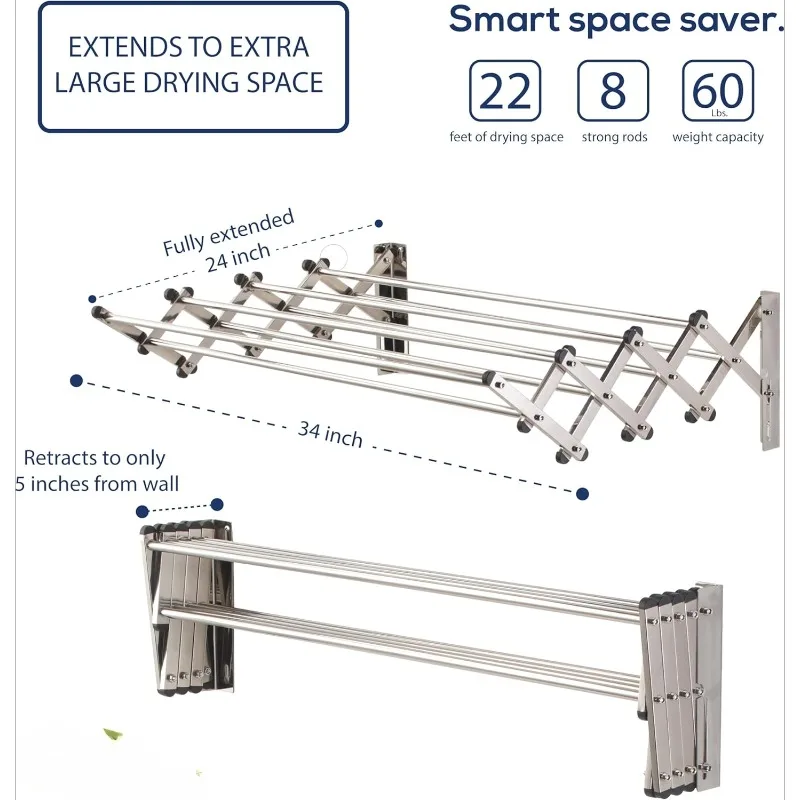 Space Saver Fold Away Racks: Stainless Steel Wall Mounted Laundry Drying Rack, Easy To Install - 8 34