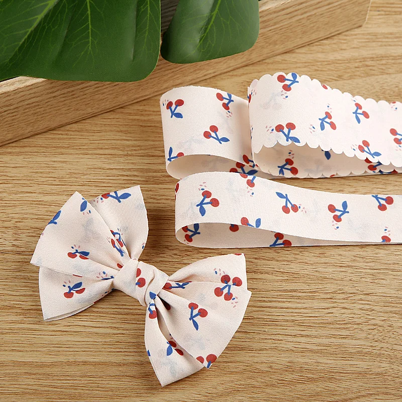 1m Cherry Double-Sided Printed Ribbon DIY Bow Hair Accessories Clothing Decorative Tooth Edge Polyester Cotton Edge