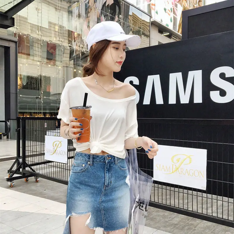 Women Summer Simplicity Sexy Loose Solid Color Off Shoulder Short Sleeve T-Shirt Women Clothes Casual Appear Thin All-match Tops