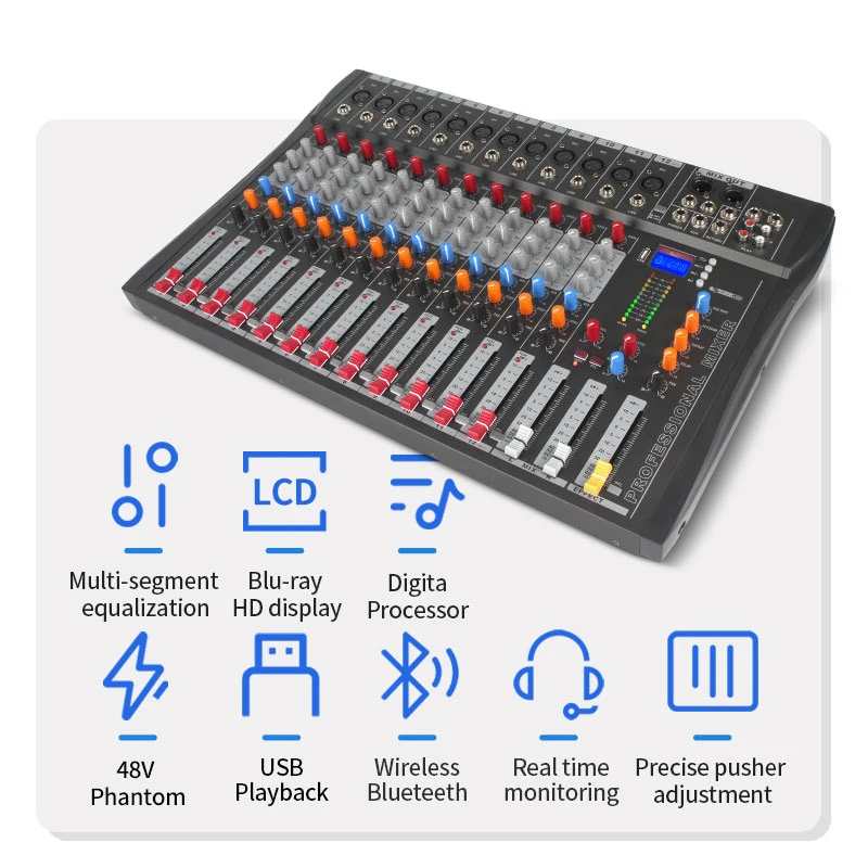 Pro 12 Channels Audio Mixer Amplifier With USB for Micofone  Home Karaoke Speaker  DJ KTV Party Stage Church Show BT PA System