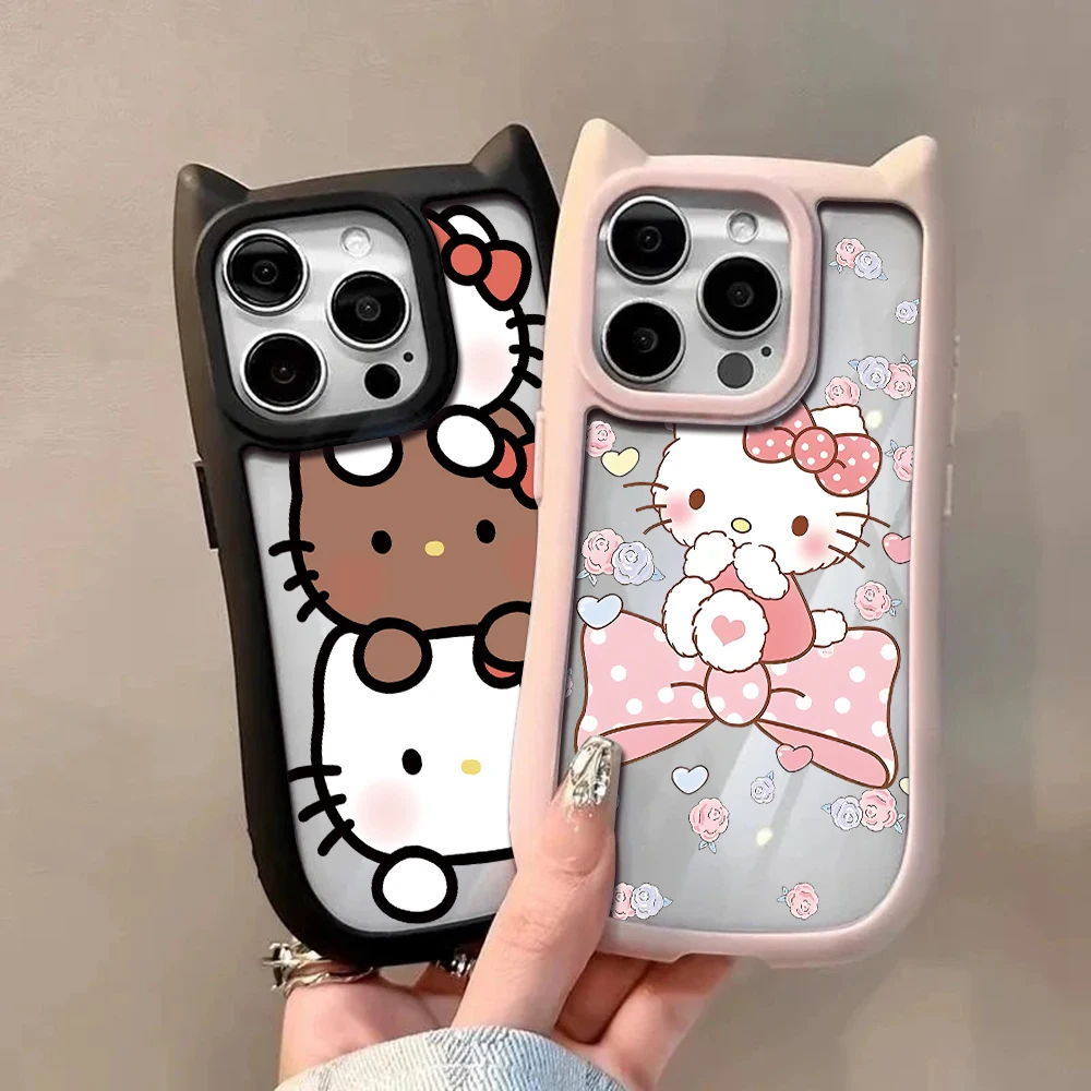 Hello Kitty Cute Cat Ear Phone Case For iPhone 15 14 13 12 11 Pro Max Transparent Shockproof Hard Acrylic Soft Silicone Bumper