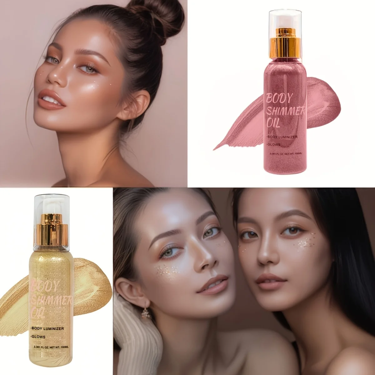 100 مل/3.381 FL OZ، زيت لامع للجسم، مقاوم للماء ومرطب يدوم طويلاً، مضيئة للجسم باللون الذهبي الوردي للوجه والجسم