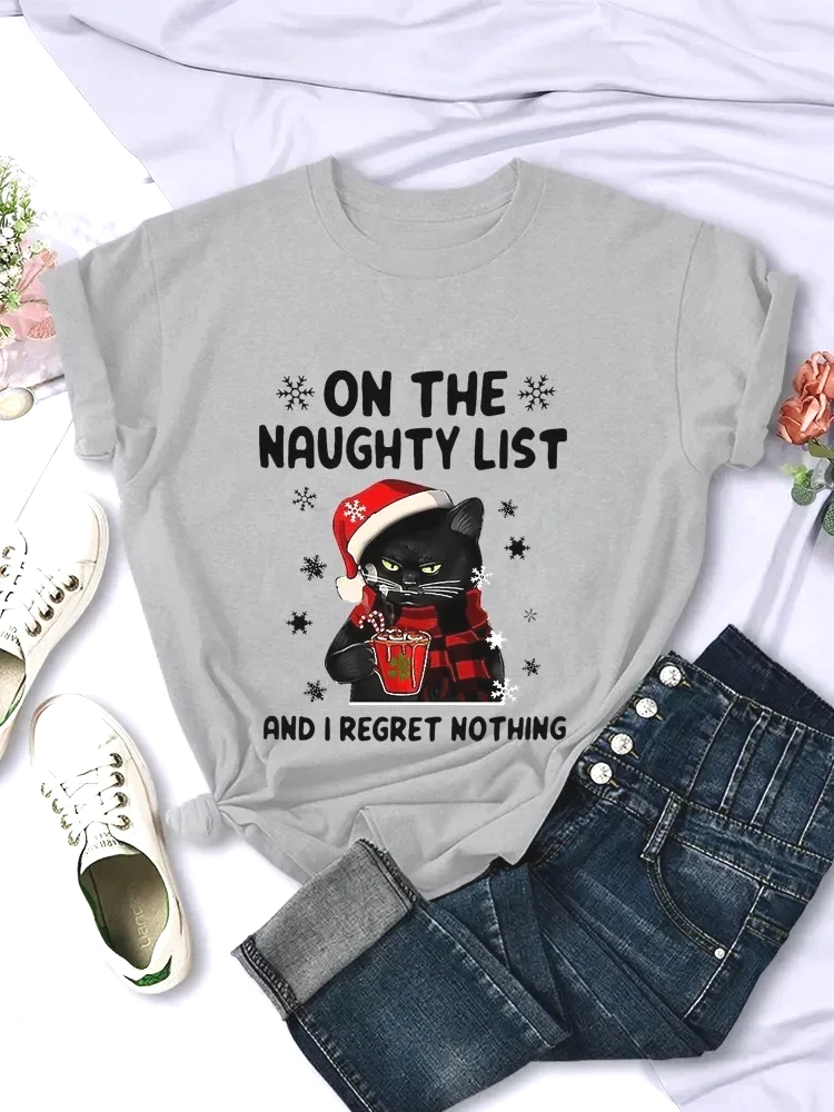 SANTA CAT ON THE NAUGHTY LIST AND I REGRET NOTHING Fashion Tee Clothing Harajuku Women Tops Merry Christmas Cute Party Tee Tops