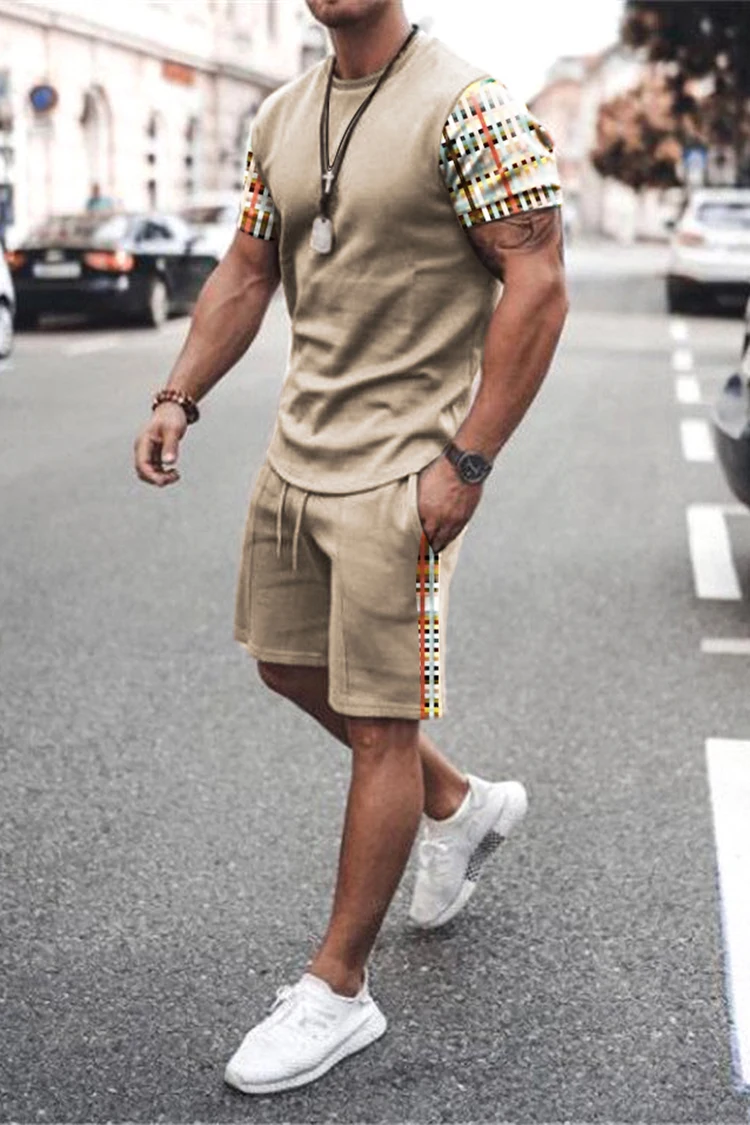 Sommer Männer setzt Shorts Outfits männliche Kleidung Straße T-Shirt zweiteiligen 3D-Druck lässig O-Ausschnitt Trainings anzug übergroße Strand Sport bekleidung – Detail 4