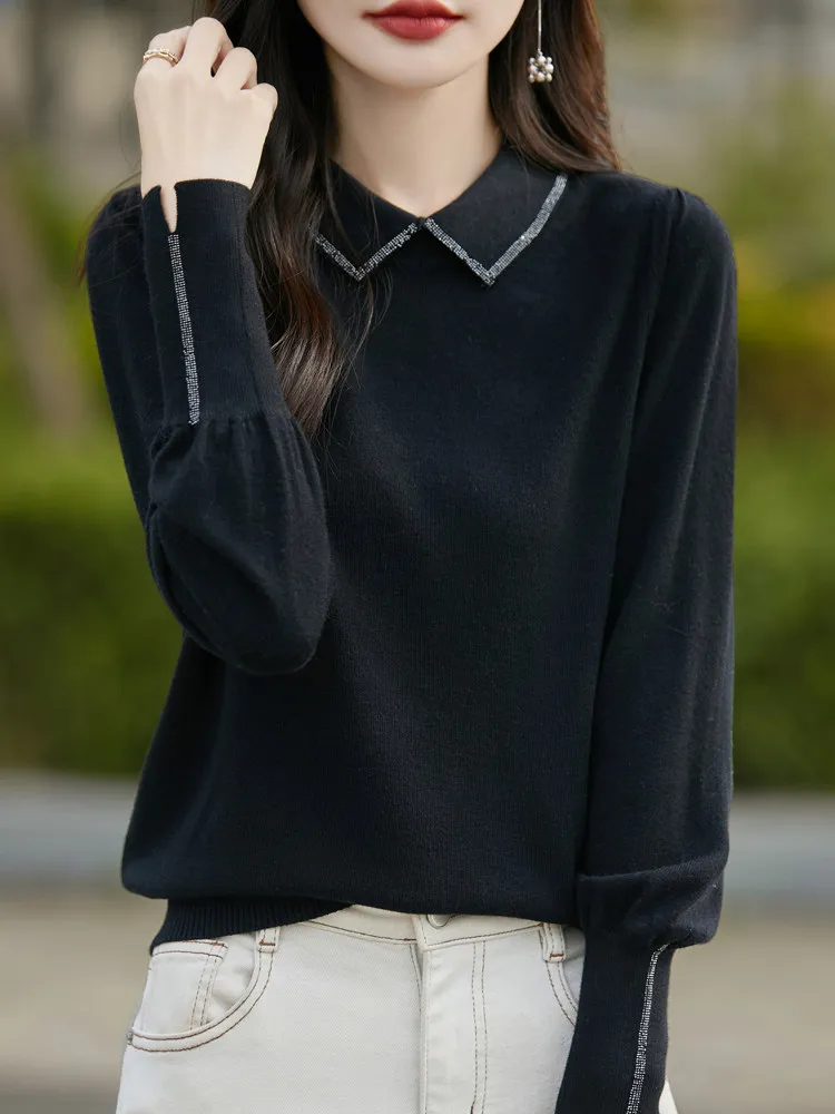 Delicate  Neck Knitted Loose Short Top Women's Base Shirt Lantern Sleeve Diamond Heat Treatment Soft Winter Sweater