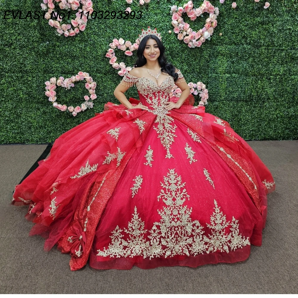 

EVLAST Индивидуальное блестящее красное бальное платье Quinceanera Платье Золотое кружевное аппликация с бантом из бисера Sweet 16, Vestidos De 15 Anos E1QN153