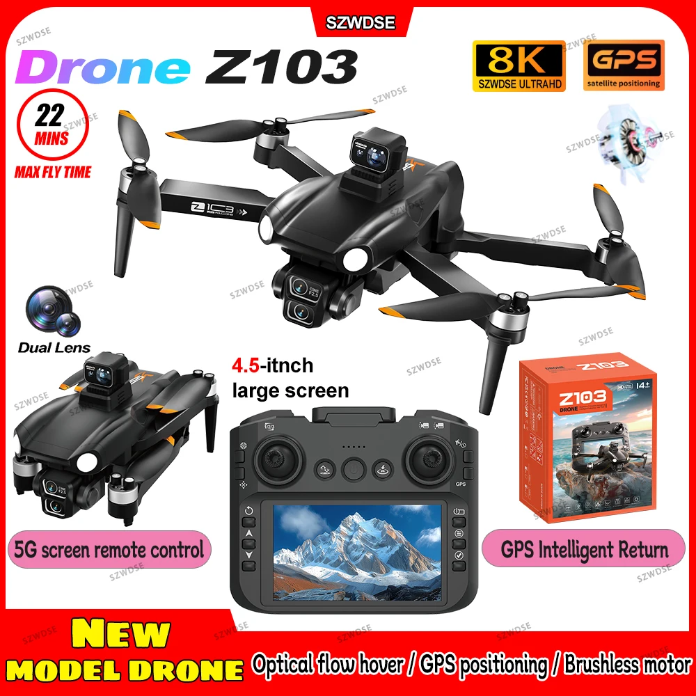 Novo Z103 GPS Drone 8K Profissional HD Câmera Dupla Wifi 360 °   Evitar obstáculos Brushless Dobrável Quadcopter RC Drone Brinquedo Presentes